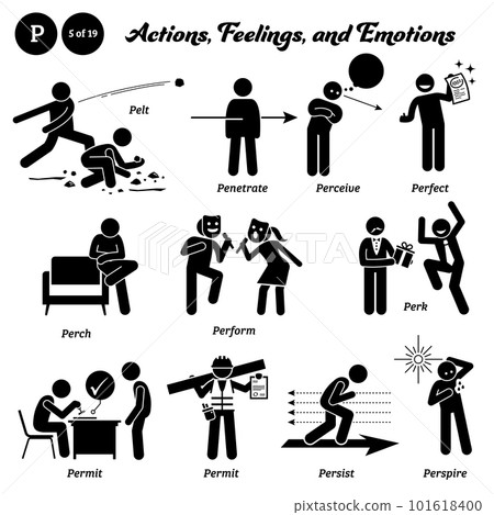 Stick figure human people man action, feelings, and emotions icons alphabet P. Pelt, penetrate, perceive, perfect, perch, perform, perk, permit, persist, and perspire.  101618400