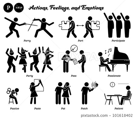 Stick figure human people man action, feelings, and emotions icons alphabet P. Parry, part, participate, party, pass, passionate, passive, paste, pat, patch, and patient. 101618402