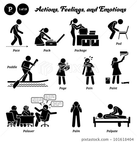 Stick figure human people man action, feelings, and emotions icons alphabet P. Pace, pack, package, pad, paddle, page, pain, paint, palaver, palm, and palpate. 101618404