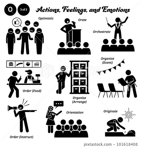 Stick figure human people man action, feelings, and emotions icons alphabet O. Optimistic, orate, orchestrate, order, food, organize, arrange, event, instruct, orientation, and originate. Stick figure human people man action, feelings, and emotions icons alphabet O. Optimistic, orate, orchestrate, order, food, organize, arrange, event, instruct, orientation, and originate. 101618408