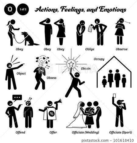 Stick figure human people man action, feelings, and emotions icons alphabet O. Obey, oblige, observe, object, obsess, obtain, occupy, offend, offer, officiate wedding, and officiate sport. Stick figure human people man action, feelings, and emotions icons alphabet O. Obey, oblige, observe, object, obsess, obtain, occupy, offend, offer, officiate wedding, and officiate sport. 101618410