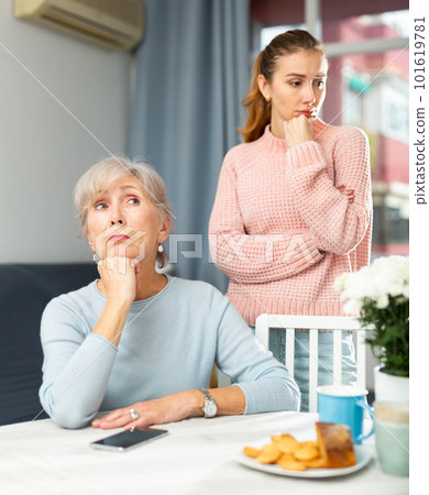 Upset senior woman at table after quarrel with adult daughter 101619781