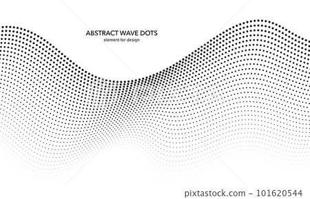 Abstract wave dotted element for design. Stylized line with dot on art background. Waves range with lines dots. Digital frequency track equalizer. Curved smooth wavy string. Vector illustration. 101620544