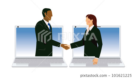 Illustration of an image of a business online negotiation. Male and female businessmen shaking hands on a computer screen Illustration of an image of a business online negotiation. Male and female businessmen shaking hands on a computer screen 101621225