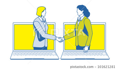 商務在線談判圖像的簡單雙色插圖。在電腦屏幕上握手的商人 商務在線談判圖像的簡單雙色插圖。在電腦屏幕上握手的商人 101621281