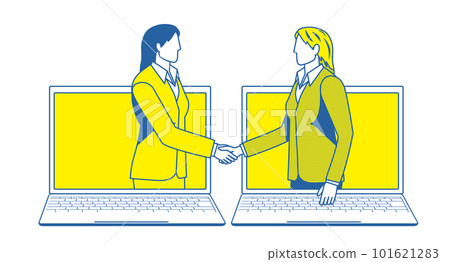 商務在線談判圖像的簡單雙色插圖。在電腦屏幕上握手的商人 商務在線談判圖像的簡單雙色插圖。在電腦屏幕上握手的商人 101621283