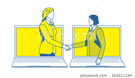 商務在線談判圖像的簡單雙色插圖。在電腦屏幕上握手的商人 101621284