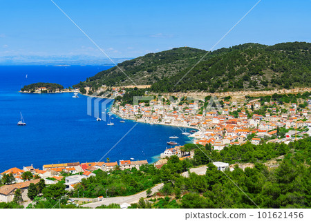 Island of Vis bay aerial view, Croatia. Europe paradice Vis Island in bay of adriatic sea. 101621456