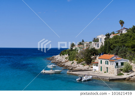 Island of Vis bay aerial view, Croatia. Europe paradice Vis Island in bay of adriatic sea. 101621459