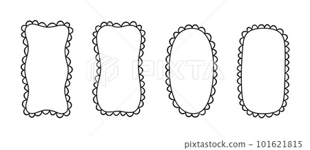 Doodle retangle and oval scalloped frames. Hand drawn scalloped edge rectangle and ellipse shapes. Simple label form. Flower silhouette lace frame. Vector illustration isolated on white background 101621815