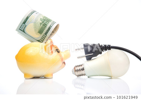 Piggy bank, LED lamp and electric cable plug. Saving electricity. Energy saving concept Piggy bank, LED lamp and electric cable plug. Saving electricity. Energy saving concept 101621949