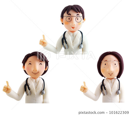 醫生的上半身男性和女性用食指向上解釋(3D 粘土插圖) 醫生的上半身男性和女性用食指向上解釋(3D 粘土插圖) 101622309