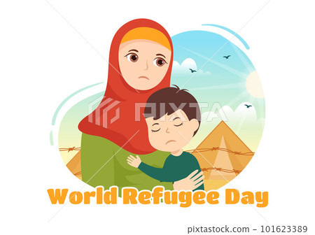 World Refugee Day on 20 June Vector Illustration with Immigration Family and Their Kids Walking Seek Home in Flat Hand Drawn Wire Fence Templates 101623389