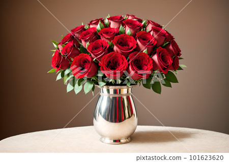 銀色花瓶中的紅玫瑰花束 銀色花瓶中的紅玫瑰花束 101623620