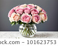 Bouquet of pink roses arranged in a glass bottle [AI-generated image] 101623753