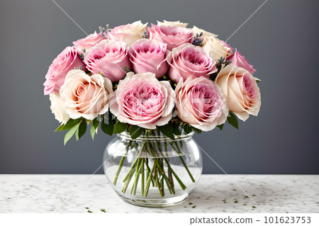 Bouquet of pink roses arranged in a glass bottle [AI-generated image] 101623753