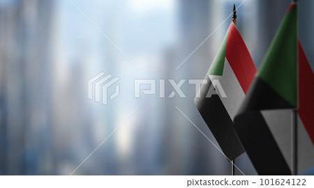 Small flags of the Sudan on an abstract blurry background 101624122