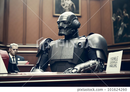 Anthropomorphic robot in human court, neural network generated art, AI law concept 101624260