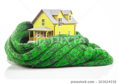 house model is insulated with a knitted scarf on a white background house model is insulated with a knitted scarf on a white background 101624338