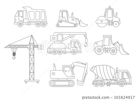 Construction excavation, road roller, crane and truck. Outline illustrations set isolated on white. Construction excavation, road roller, crane and truck. Outline illustrations set isolated on white. 101624917