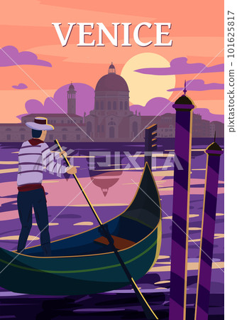 Venice Italia Poster retro style. Sunset Grand Canal, gondolier, architecture, vintage card. Vector illustration postcard 101625817
