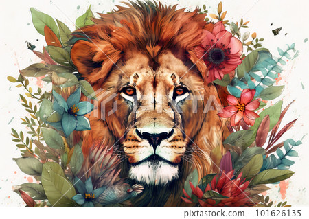 Image of a lion head with colorful tropical flowers. wildlife. Animal. illustration, Generative AI. Image of a lion head with colorful tropical flowers. wildlife. Animal. illustration, Generative AI. 101626135