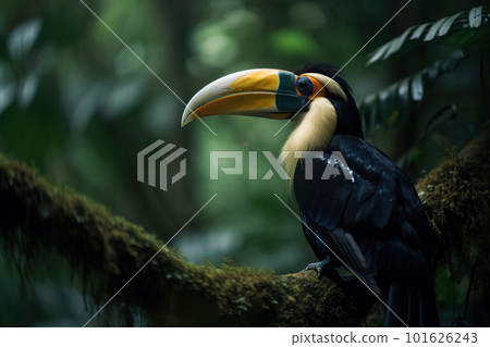 Image of hornbill standing on a branch in the forest on natural background. Wild Animals. Bird. illustration. Generative AI. 101626243