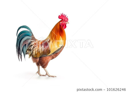 image of bright colors rooster stands on white background. Farm Animals. illustration, generative AI. 101626246