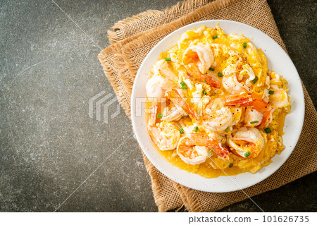 creamy omelet with shrimps or scrambled eggs and shrimps creamy omelet with shrimps or scrambled eggs and shrimps 101626735