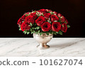 A bouquet of roses in a silver vase on a marble table [AI-generated image] 101627074