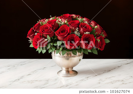 大理石桌上銀花瓶中的一束玫瑰 [AI 生成的圖像] 101627074