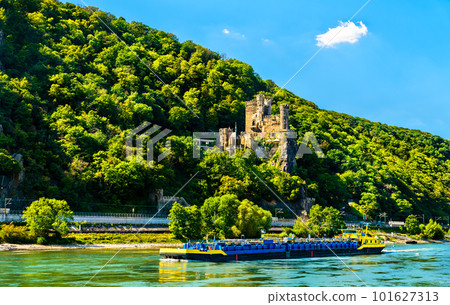 Freight ship on the Rhine under Rheinstein Castle in Germany Freight ship on the Rhine under Rheinstein Castle in Germany 101627313