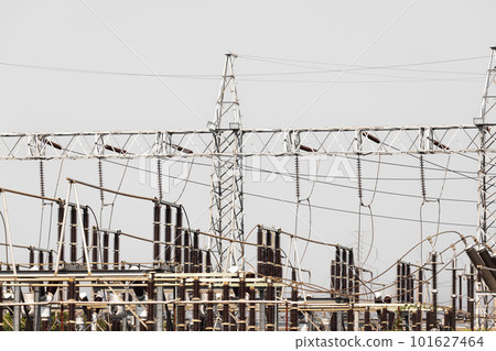 High voltage ceramic insulators on a transformer in Power Substation. High voltage ceramic insulators on a transformer in Power Substation. 101627464