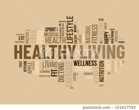 Word cloud background concept for Healthy living. diet exercise, fit lifestyle with organic food of eating energy. vector illustration. 101627593