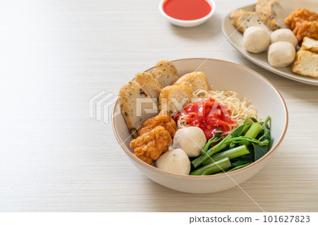 egg noodles with fish balls and shrimp balls in pink sauce, Yen Ta Four or Yen Ta Fo egg noodles with fish balls and shrimp balls in pink sauce, Yen Ta Four or Yen Ta Fo 101627823