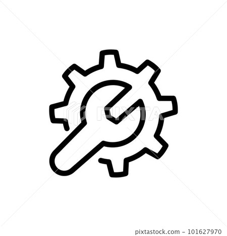 Cogwheel and wrench line icon. Symbol of adjustment, repairs, technical service or support Cogwheel and wrench line icon. Symbol of adjustment, repairs, technical service or support 101627970