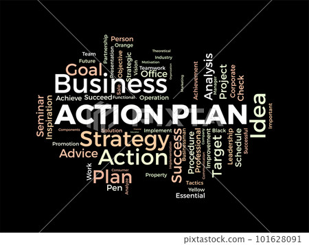 Word cloud background concept for Action Plan. Business idea solution strategy implement concept. vector illustration. Word cloud background concept for Action Plan. Business idea solution strategy implement concept. vector illustration. 101628091
