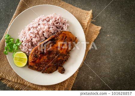 spicy grilled Jamaican jerk chicken with rice spicy grilled Jamaican jerk chicken with rice 101628857