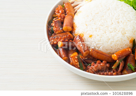 Stir-fried squid or octopus with Korean spicy sauce rice bowl Stir-fried squid or octopus with Korean spicy sauce rice bowl 101628896