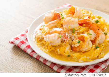 creamy omelet with shrimps or scrambled eggs and shrimps creamy omelet with shrimps or scrambled eggs and shrimps 101628914