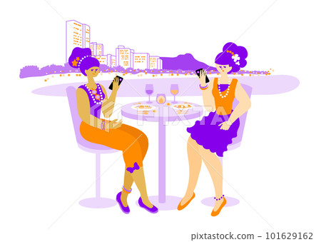 Vector illustration: Women enjoying a meal on a terrace seat at a travel destination_travel_girls_Gourmet 101629162