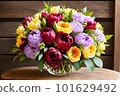 Luxurious and colorful flower arrangement on a wooden table [AI generated image] 101629492