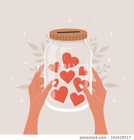 Donation glass jar. Female hands holding bottle with red hearts. Give and share your love. Support and hope for homeless and poor people. Vector illustration in cartoon style Donation glass jar. Female hands holding bottle with red hearts. Give and share your love. Support and hope for homeless and poor people. Vector illustration in cartoon style 101629517