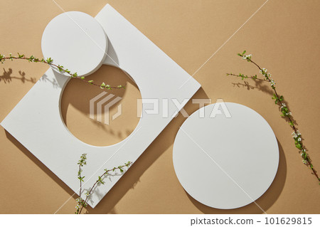 Background product display podium scene with some flower branches decorated on brown background. Top view, flat lay 101629815