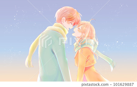 冬天快樂的男人和女人在黃昏時分面對面 冬天快樂的男人和女人在黃昏時分面對面 101629887