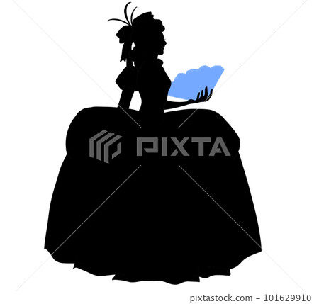A woman wearing a dress and holding a folding fan, light blue 101629910