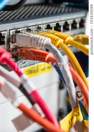 Detail of server with patch cables plugged in ethernet ports Detail of server with patch cables plugged in ethernet ports 101630098