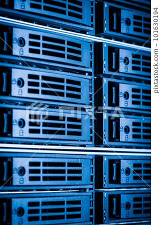 Row of hard disks used for data storage in internet data center 101630194