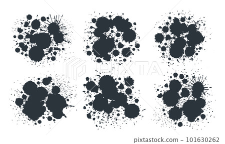 Abstract ink spots. Black paint drops and splashes, grunge ink splatters. Messy paint drops silhouettes flat vector illustration set 101630262