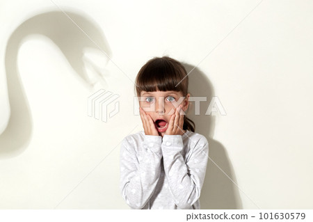 Frightened little kid dresses white casual attire looking ar camera and screaming loudly, covering cheeks with palms, being scared by the shadow of huge snake, isolated over gray background. 101630579